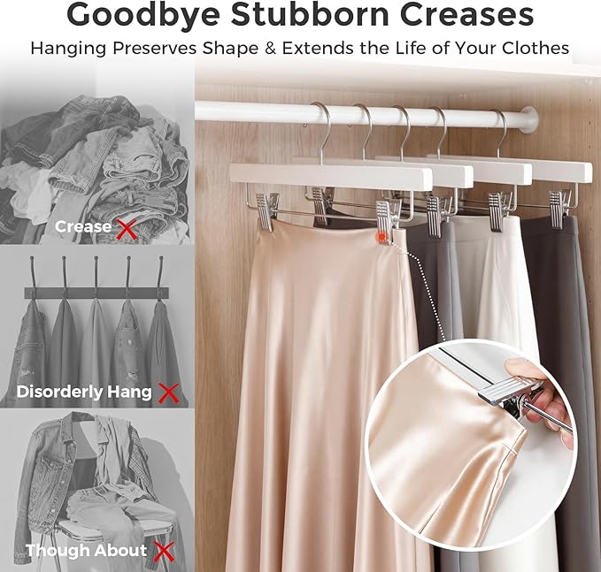 HOUSE DAY Premium Wooden Pants Skirts Hangers, Solid Wood Trousers Bottom Hanger with 2-Adjustable Clips, Clip Hangers for Slacks, Jeans, Shorts (White, Pack of 100)