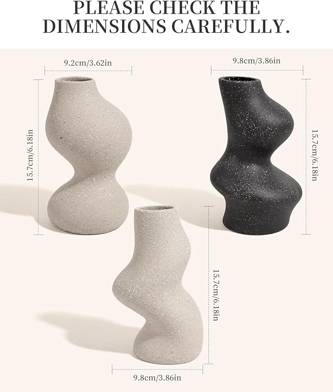 BosilunLife Decorative Vase Set of 3, Nested Curved Recycled Ceramic, Speckled Wabi-Sabi Home Decor, Modern Boho Centerpiece for Living Room Mantel & Office (Black & Grey)