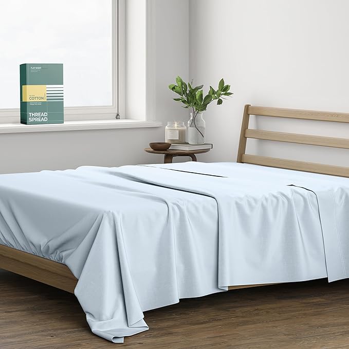 THREAD SPREAD 100% Organic Cotton King Flat Sheet - Percale Weave Cotton Flat Sheet Only (1 PC, Light Blue), Crisp, Cool, Strong & Breathable Lightweight Bed Linen Top Sheets, GOTS Certified Sheets
