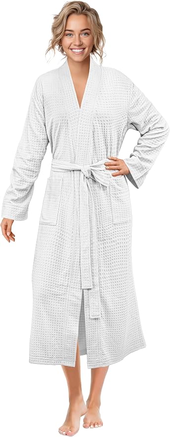 PAVILIA Womens Waffle Knit Robe Lightweight Cotton Blend Full Length House Bathrobe with Pockets