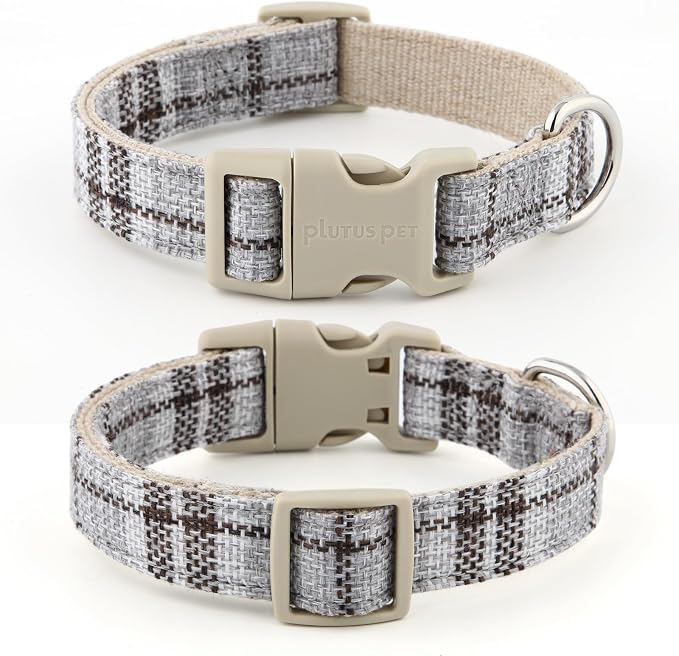 Plutus Pet Cotton Hemp Dog Collar and Leash Set, Adjustable Collar for Small, Medium, and Large Dogs, Heavy Duty and Soft on Skin, Gray Plaid, L