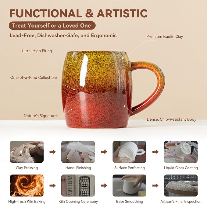 Handmade 22oz Ceramic Coffee Mug, Ergonomic Large Handle, Ideal Gift for Coffee Lovers, Microwave & Dishwasher Safe (Minute-Yellow&Red)
