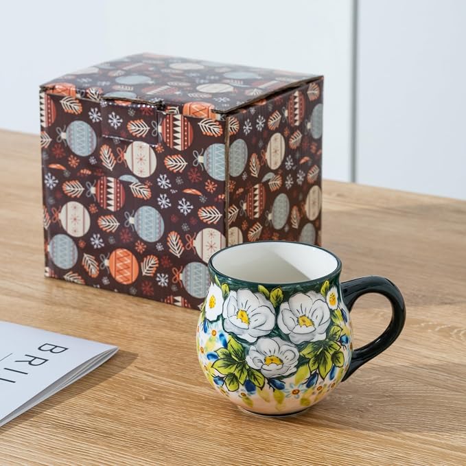 ALMA 12oz Handmade Floral Ceramic Coffee Mug | Microwave & Dishwasher Safe, Dining & Espresso Use, Travel Friendly, Vintage Rustic Lovers, Gift for Daughters