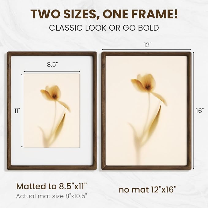 12x16 Picture Frame, USA-Sourced Walnut Wood Picture Frame 12 x 16 for Art & Poster Display, 12x16 Frame with High Tempered Glass, Wooden Frame Matted to 8.5x11 Photo Wall Mounted, 1 Pack
