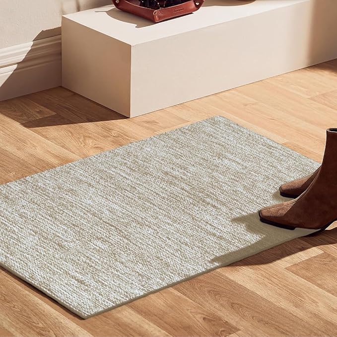 Hand Woven Area Rug 2x3 Feet - Rustic Farmhouse Boho Accent Rug for Living Room Bedroom Kitchen Entryway Floor Mats - Ideal for High Traffic Areas 100% Cotton Rag Rug Natural