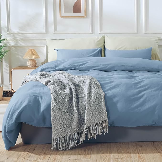 NEXHOME PRO Duvet Cover Set Kids Twin Size Linen Look Textured Organic Natural 100% Washed Cotton Duvet Cover Blue Bedding Set with Zipper Closure, Corner Ties, Breathable (No Comforter)