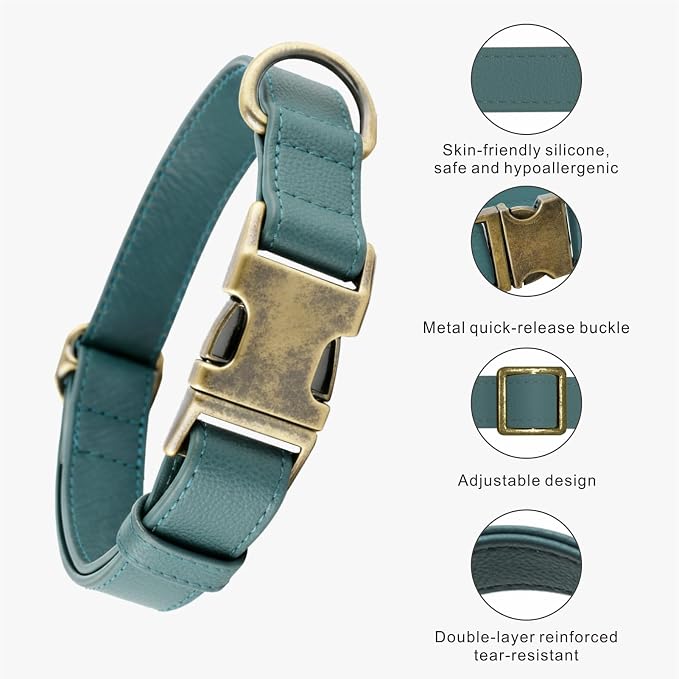 Dog Collar and Leash Set,Leather Silicone Waterproof Odor-Proof Dog Collar and Leash for Small Dogs, Soft Flexible Dog Collars, Durable Thick Adjustable Pet Collar (Green, Small (11-15.5" Neck))