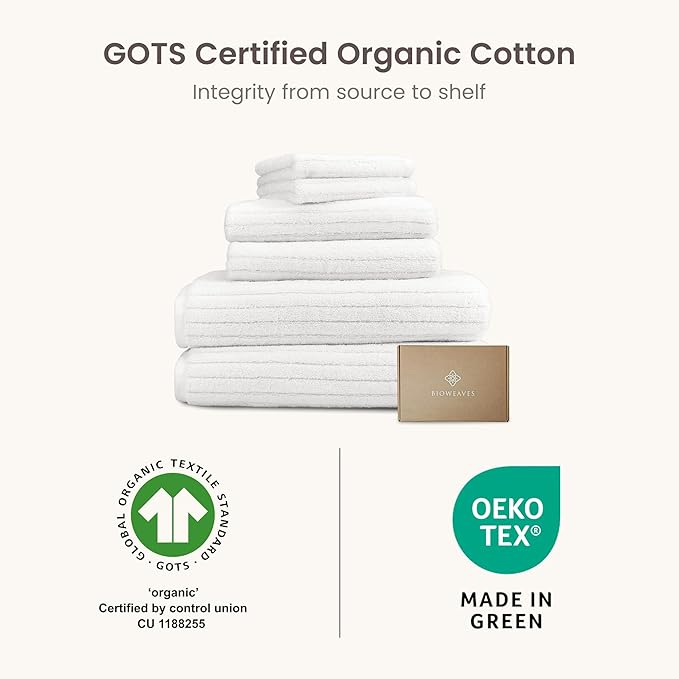 BIOWEAVES 100% Organic Cotton 6-Piece Luxury Bathroom Ribbed Towel Set GOTS Certified 700 GSM, 2 Bath Towel, 2 Hand Towel & 2 Wash Cloths - White