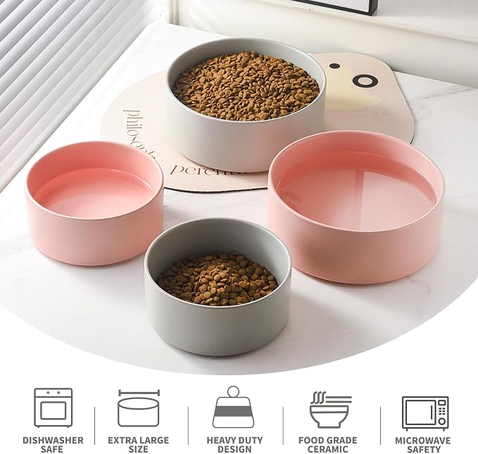 Ceramic Set of 2 Dog Bowls - Classic Dogs Food & Water Bowl for Small and Medium Breed, Heavy-Duty Non-Slip Dog Dishes, Food Grade Pet Bowl, Dishwasher & Microwave Safe (6'', 2 * 30OZ, Grey)