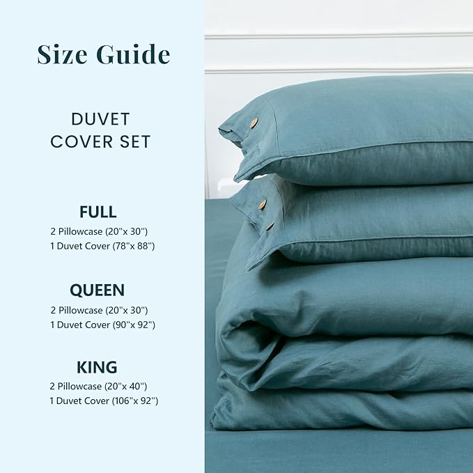 S VICTORY SYMBOL 100% Organic Linen Duvet Cover Set King Size 3pcs,Natural French Washed Flax CK Bedding Set(1 Duvet Cover 106"x92"and 2 Pillowcases) with Coconut Button Closure(Mineral Blue)