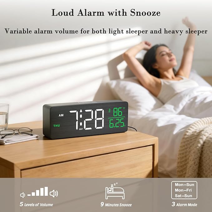 DreamSky Wooden Digital Alarm Clocks for Bedrooms – Large Display Desk Clock with Date & Day of Week for Living Room, Temperature, Dimmer, Adjustable Volume, Auto DST, Office Wood Décor (Plug-in)