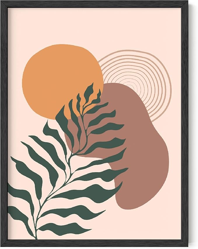 Boho Monstera Leaf Wall Art Abstract Sun Earth Tones Terracotta Mid Century Modern 12x16 Inch Oak Wood Black Framed Minimalist Botanical Print for Living Room Office