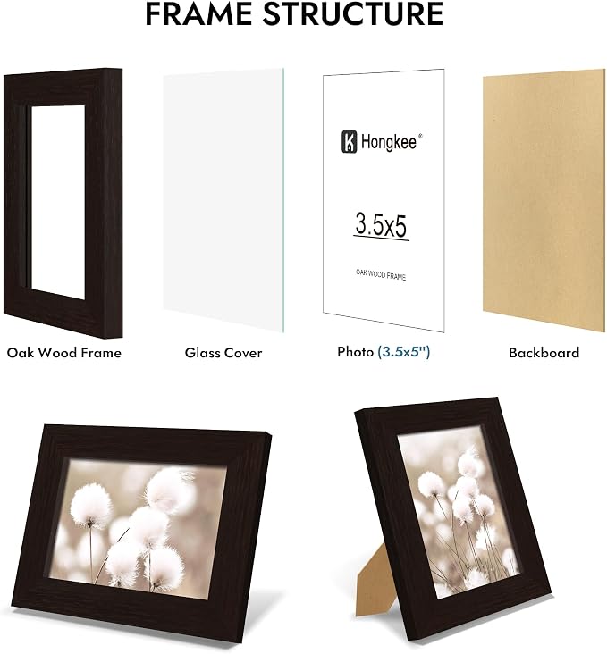 Hongkee 3.5x5 Oak Wood Picture Frame (1 Pack, Black) with Real Glass Cover | Solid Wood 3.5 x 5 Small Frame for Wall or Tabletop Display - Includes Easel Back, Vertical Hang - Ideal for Home, Office