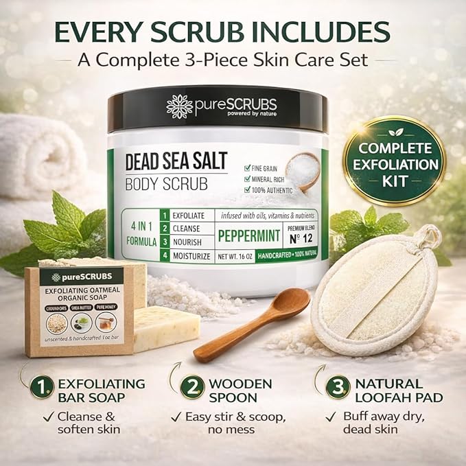 pureSCRUBS Premium Body Scrub for Strawberry Legs, Keratosis Pilaris (KP) & Ingrown Hairs – 4-in-1 Exfoliating Dead Sea Salt Formula – Smooth Skin, Reduce Razor Bumps & Dark Spots - Large 16oz