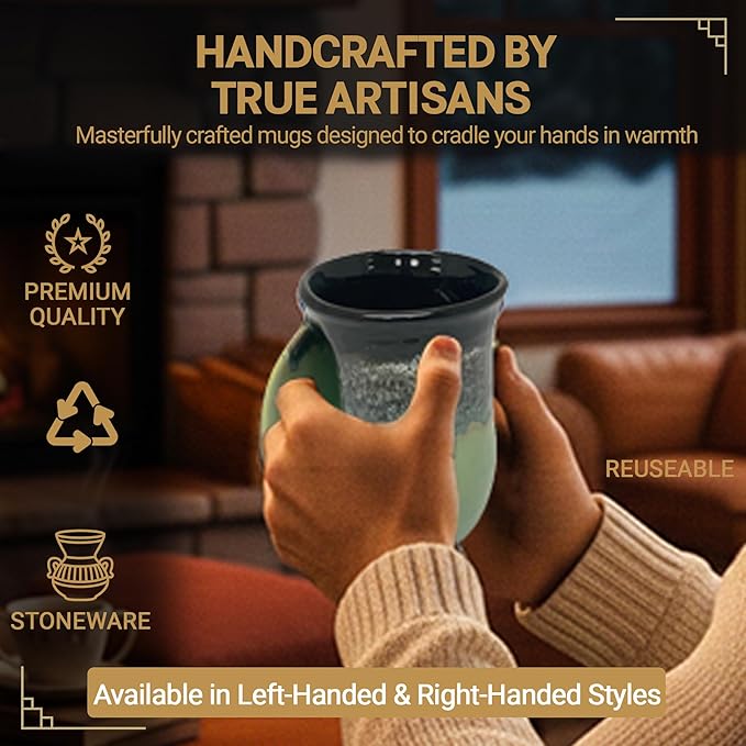 Clay in Motion Hand Warmer Coffee Mug – Handmade Coffee Mug With Comfortable Handle Contoured Pocket Hand Warming Ceramic Coffee Mug – Proudly Made in USA – Left Handed – 14 Oz - Midnight Prairie