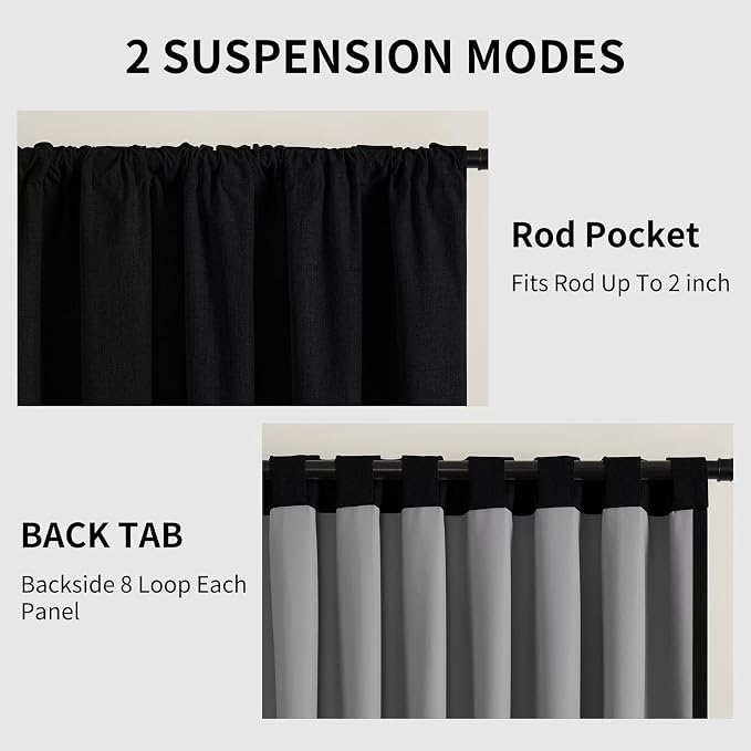 CUCRAF Linen 100% Blackout Curtains 84 Inch Length 2 Panels Set, Back Tab and Rod Pocket Curtain for Living Room Bedroom, Room Darkening Window Drapes Thermal Insulated, (37x84 inch, Black)