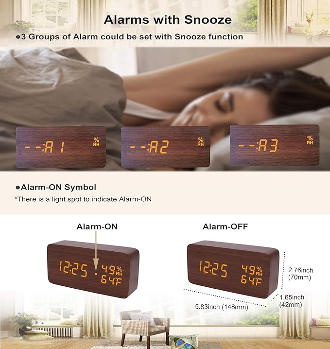 Alarm Clock for Bedside Modern Wood Digital Clock Snooze LED Desk Clock Display Time Temperature Humidity Brightness Adjustable for Home Kids Bedroom Office(Brown)
