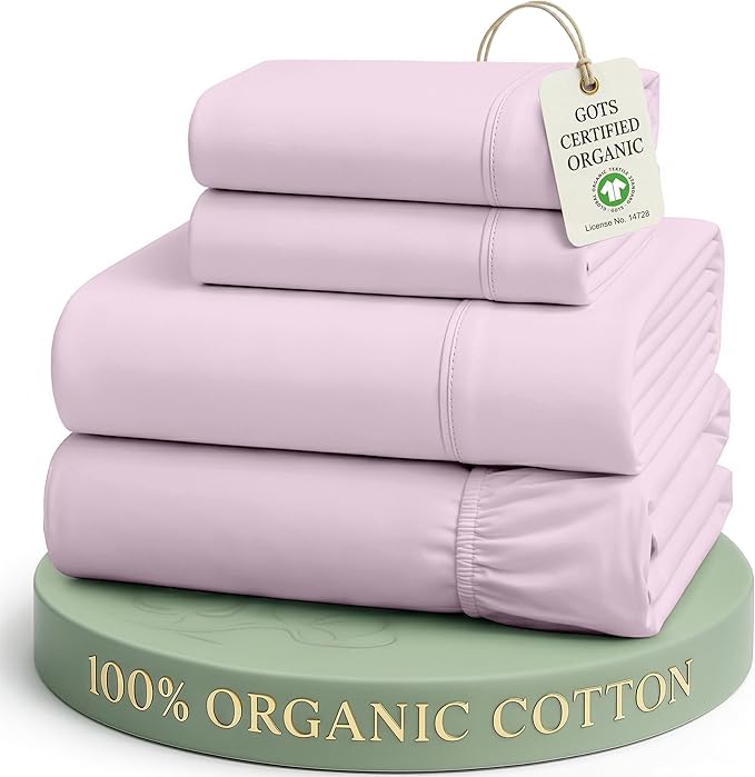 LANE LINEN Full Size Sheets 100% Organic Cotton Cooling Soft - Orchid Petal | 100% Organic Cotton Percale Full Sheet Set - Easy-Care Machine Washable, Breathable For Year-Round Sleep, For Hot Sleepers