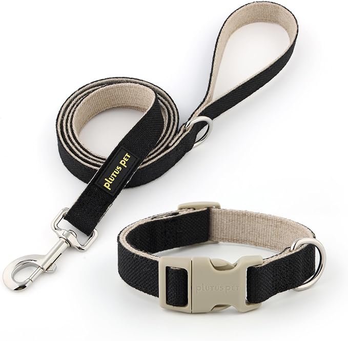 Plutus Pet Cotton Hemp Dog Collar and Leash Set, Adjustable Collar for Small, Medium, and Large Dogs, Heavy Duty and Soft on Skin, Black, S