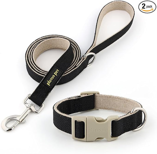 Plutus Pet Cotton Hemp Dog Collar and Leash Set, Adjustable Collar for Small, Medium, and Large Dogs, Heavy Duty and Soft on Skin, Black, L