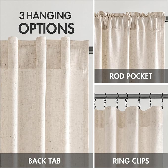 MIULEE Non-See-Through Privacy Linen Curtains 2 Panels, Light Filtering Window Curtains Farn House Textured Back Tab Semi Sheer Drapes for Bedroom Living Room, 52 x 108 Inches Long, Birch
