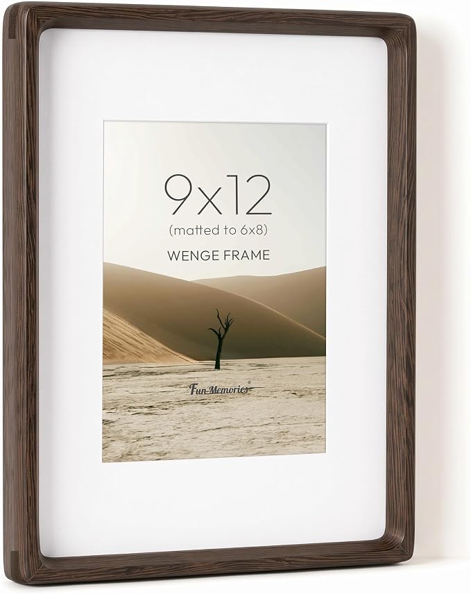 Fun Memories 9x12 Picture Frame, Natural Wenge Wood Photo Frames with HD Tempered Glass, Handcrafted Rounded Corner 9 x 12 Wooden Frames Matted to 6x8 Photos, 9x12 Frame, Tabletop or Wall Display
