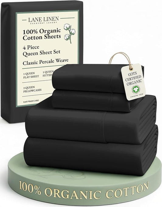 LANE LINEN 100% Organic Cotton Queen Size Sheets Set, Machine Wash Fully Elasticized Naturally Cooling Percale Weave Queen Size Deep Pocket Sheet Sets, Low Pill Eco Friendly Bed Sheets- Black