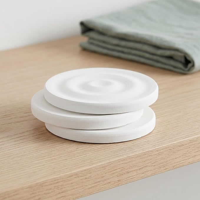 3pcs Diatomite Stone Round Soap Dish & Tray - 4'' Water Absorbing Soap Holder for Bathroom Kitchen Sink, Quick Dry Sponge Holder, White