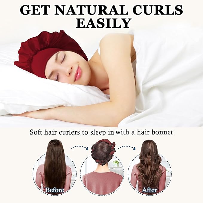 No Heat Overnight Hair Curlers - 70" Soft Ribbon Curl Wrap with 9 Curling Rods, Headband for Long Hair Rollers - Burgundy