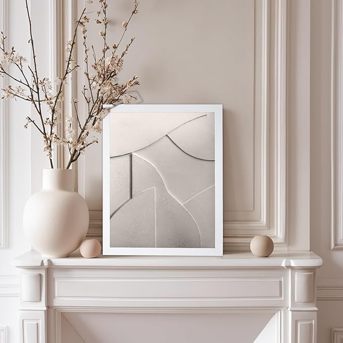 Monem Art Minimalist White Geometric Texture Print - Abstract Scandinavian Wall Art Poster - Wall Decor for Living Room, Bedroom or Office - 8x10 White Framed Wall Art by Mareike Bohmer