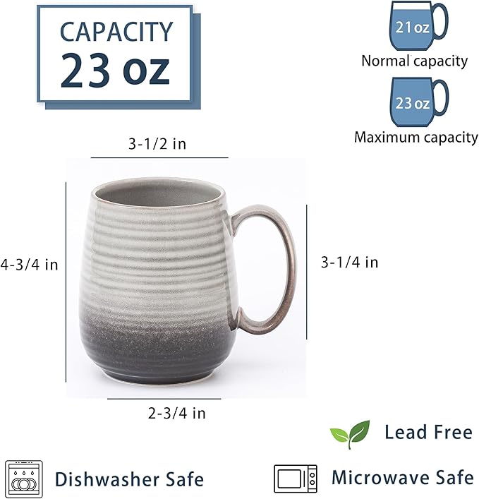 Large Coffee Mugs, Extra Large Ceramic Coffee Mug, 23 oz Handmade Pottery Mug, Big Tea Cups with Handle for Office and Home, Dishwasher and Microwave Safe (Grey Black)