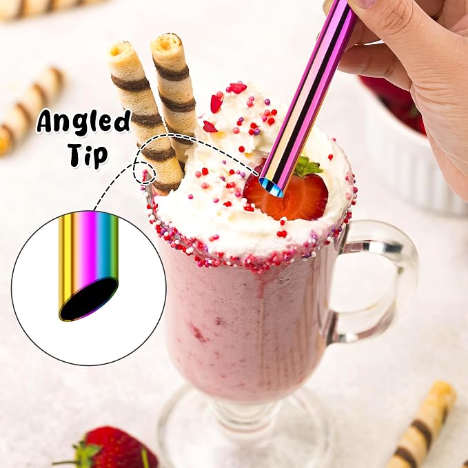 NiHome 4-Pack Stainless Steel Straws for Boba, Smoothie, 10.4” Metal Straws | 0.5'' Extra Wide Metal Reusable Straws, 2 Bent & 2 Straight Long Drinking Straw for Bubble Tea Milkshake, 1 Brush, Iridescent