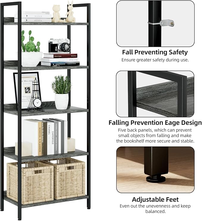 NUMENN Bookshelf, 5 Tier Bookshelves, Home Office Bookcase Shelf Storage Organizer, Free Standing Storage Shelving Unit for Bedroom, Living Room and Home Office, Dark Grey
