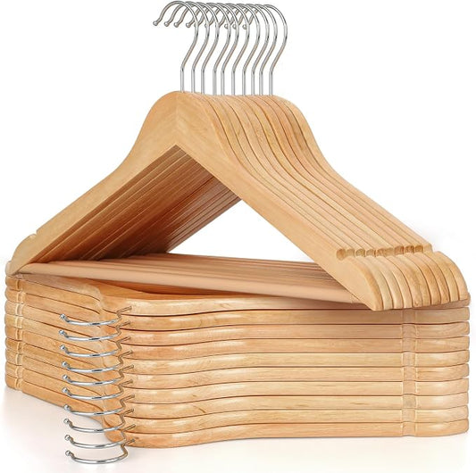 TOPIA HANGER Wooden Coat Hanger 20 Pack, Natural Wood Suit Hangers with Non Slip Pants Bar, 360° Swivel Hook and Shoulder Notches for Camisole, Jacket, Pants, Smooth Finish-CT34N20