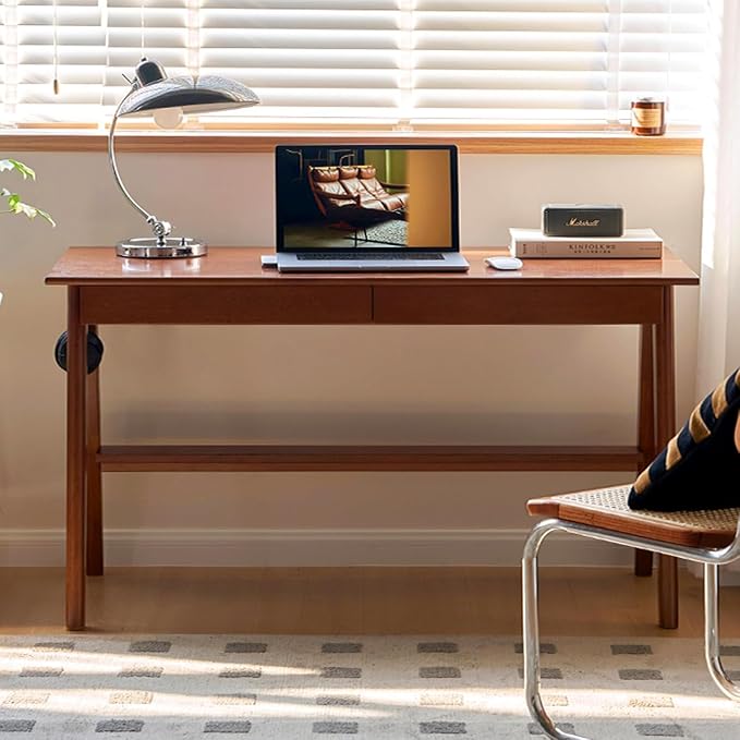 YESWOOD 100% Solid Rubber Wood Desk, Mid Century Modern Writing Computer Desk in Walnut Finish with Drawer for Home Office, Sturdy Room, Bedroom 47.24" W Teak