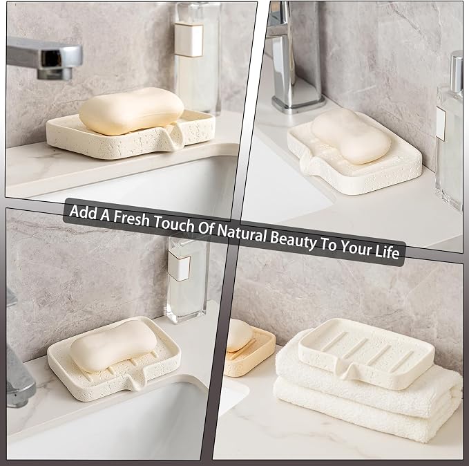 Soap Dish, Bar Soap Holder, Travertine Stone Look, Off White | Self Draining,Sponge Holders Tray for Shower,for Dispenser,Scrubber,Bottle,Cup on Bathroom Kitchen Bathtub Sink or Counter