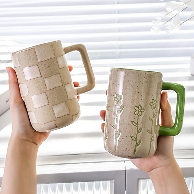 Mugs,coffee mug,17 Oz Large Ceramic Coffee Mug,Big Handmade Relief Pottery Tea Cup for Office and Home,Big Handle Easy to Hold,Microwave and Dishwasher Safe,Stylish Texture Glaze Beige-500ml ( Color :