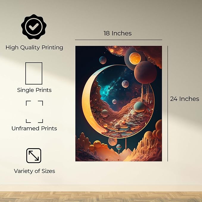 InkFlow Posters Cosmic Crescent Moon Poster - Dreamy Space Art with Planets and Stars - Surreal Outer Space Landscape for Bedroom, Living Room, Home - 18x24 Unframed Canvas Print