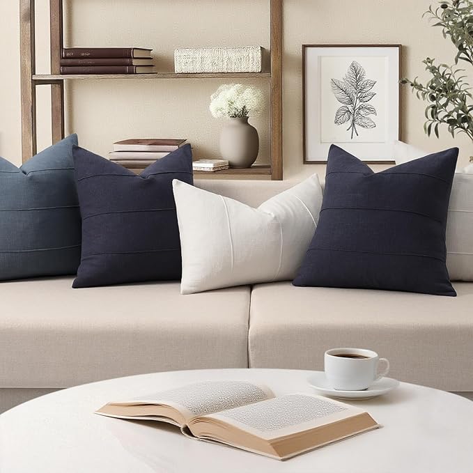 ZWJD Decorative Linen Throw Pillow Covers 18x18 Set of 2 Solid Handcrafted Striped Cushion Covers for Bed Soft Modern Farmhouse Neutral Pillowcase for Couch Bedroom Living Room Home Decor(Dark Navy)