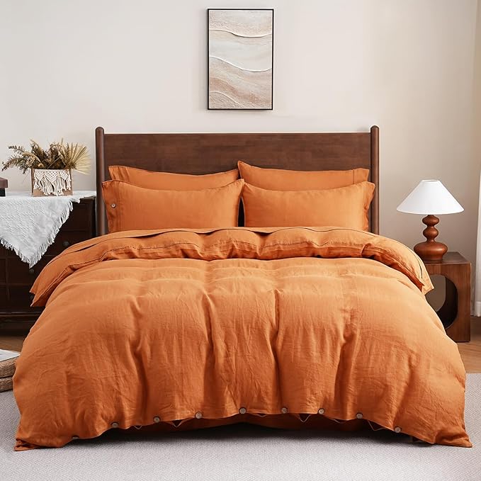 S VICTORY SYMBOL 100% Pure Linen Duvet Cover Set 3pcs,Natural French Washed Flax Solid Color Soft Breathable (1 Duvet Cover and 2 Pillowcases) with Coconut Buttons Closure(Full,Pumpkin)