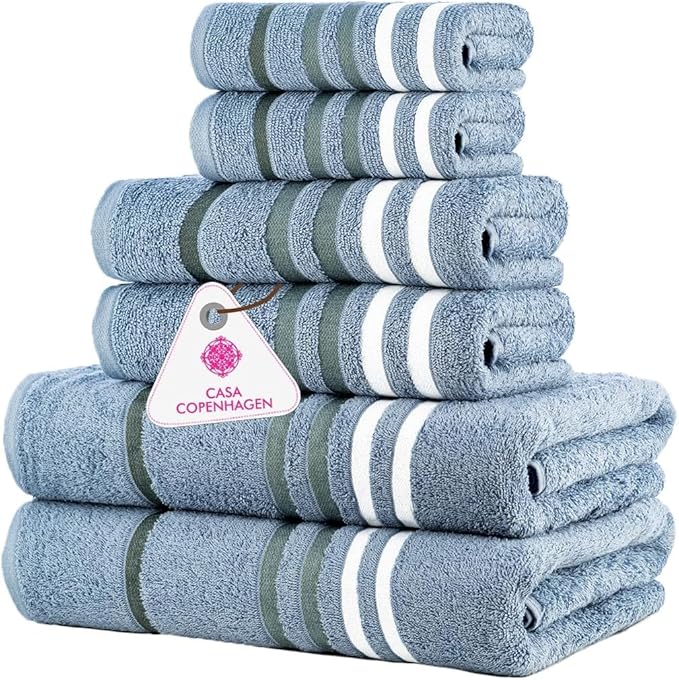 CASA COPENHAGEN Exotic 6Pcs 100% Egyptian Cotton Designer Towels Gift Set- Dusty Blue, 550GSM,2Bath2Hand2Washcloths,Bath Towels for Bathroom (Box Pack,Gift Ribbon Set for Women & Men)