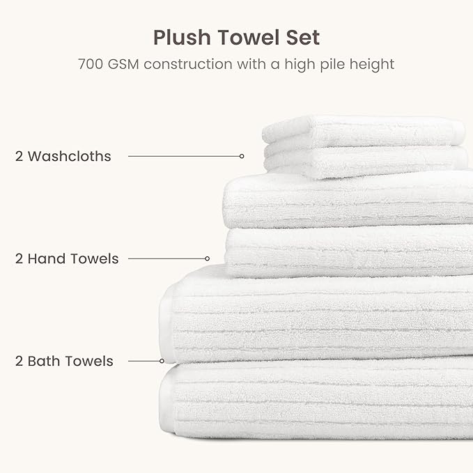 BIOWEAVES 100% Organic Cotton 6-Piece Luxury Bathroom Ribbed Towel Set GOTS Certified 700 GSM, 2 Bath Towel, 2 Hand Towel & 2 Wash Cloths - White