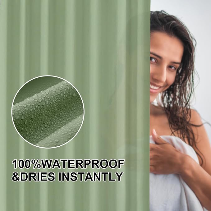 timecity Green Shower Curtain Liner PEVA Bath Curtain with 3 Magnets Thickened Water Proof Quick Drying Shower Curtain Set with 12 White Hooks Plastic Shower Liner for Bathroom Shower,71x71inch