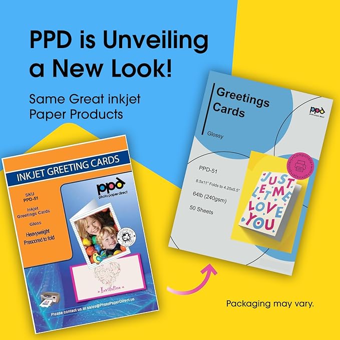 PPD Greeting Card Paper, Printable Greeting Cards for Inkjet Printer, 8.5 x 11 Blank Half Fold to 5.5 x 8.5 Custom Cards for Birthday, Wedding, Invitations, Thank You Note, Instant Dry (50 Sheets)