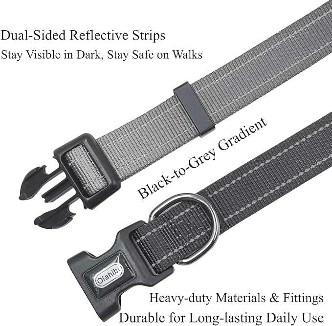 Dog Collar Leash Set, Gradient Color, with Safety Reflective Strips, 5 ft Matching Leash, Neoprene Padded Handle, Adjustable 4 Sizes for Small Medium Large Dogs.(L, Black Grey)