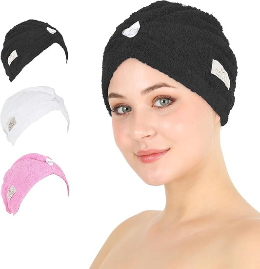 HALLEY Cotton Hair Towel Wrap (3 Packs) Super Absorbent Fast Drying Hair Towel for Thick Hair Turbans for Wet Hair with Button (Black, White, Pink)