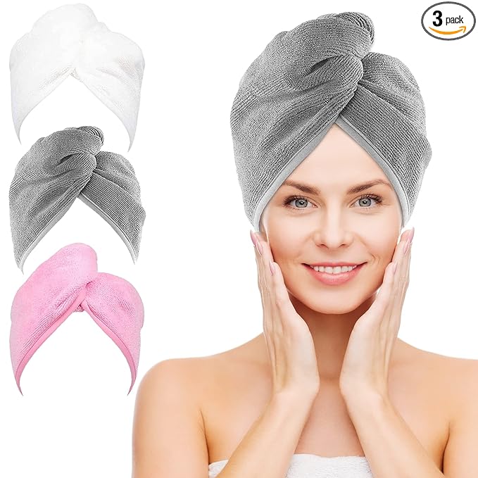 NEXCOVER Hair Towel Microfiber, 3 Pack White Grey Pink 9.8 inch X 25.5 inch Hair Wrap,Ultra Absorbent Hair Turbans,Fast Drying Head Towels for Women Wet Hair,Long,Curly,Thick,Frizzy Hair