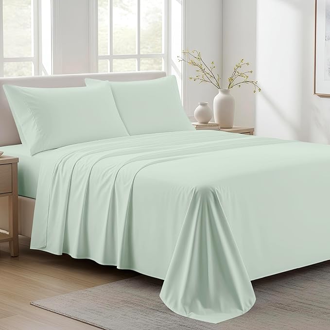 100% Organic Cotton Sheets King Size - Organic Cotton King Size Percale Weave Sheet Set (4 PC, Sea Foam), Soft, Cooling, Crisp & Breathable, 16" Deep Pocket Hotel Quality Bedding Set