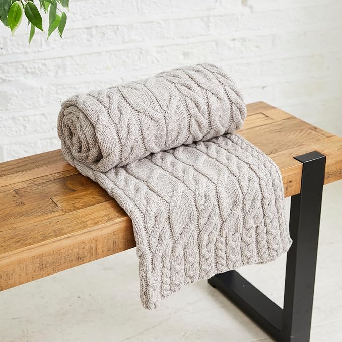 Aran Woollen Mills Cable Throw Blanket, 100% Supersoft Merino Wool, Made in Ireland, Silver Strand, Oat, 40" x 60"