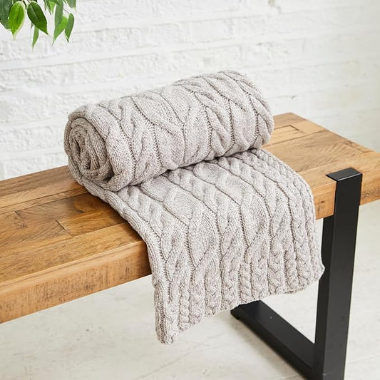 Aran Woollen Mills Cable Throw Blanket, 100% Supersoft Merino Wool, Made in Ireland, Silver Strand, Oat, 40" x 60"
